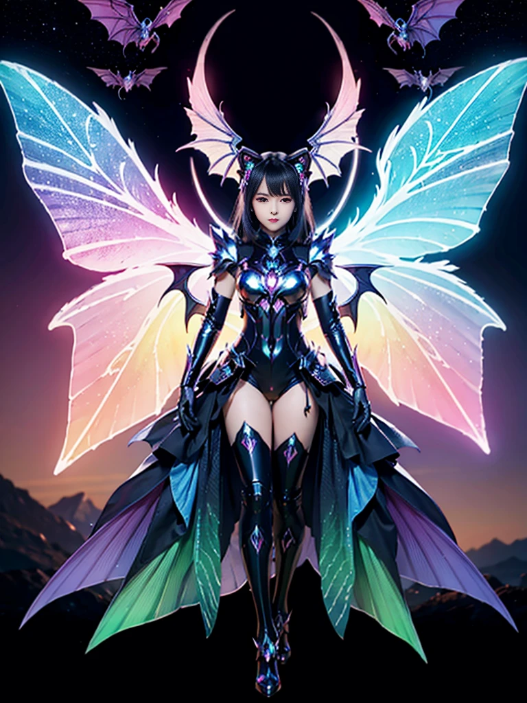 1girl, armor, Wings, beautiful dragon, futuristic evolved Nekomata,/(neon glowing body),2 tails, holographic, (The wings are symmetrically paired;1.5),