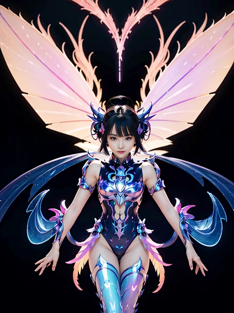 1girl, armor, Wings, beautiful dragon, futuristic evolved Nekomata,/(neon glowing body),2 tails, holographic, (The wings are symmetrically paired;1.5),