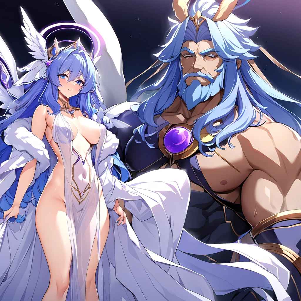 ((Highest quality)), ((masterpiece)), (detailed), (Perfect Face)、The woman is wearing only the see-through robe of the goddess, and her naked body is visible through it.、The woman is a fine angel who became a member of the Greek goddesses.6An archangel and god with wings and a shining halo above his head.々The wife of Zeus, the king of the gods, the goddess Hera Extella、The woman is the beautiful queen of the one and only god, Zeus, the goddess Hera Axtia. She has medium-long blue hair, an engagement ring, and is wearing only a see-through feather robe and luxurious accessories. She is an elegant goddess and a beautiful queen of the gods.