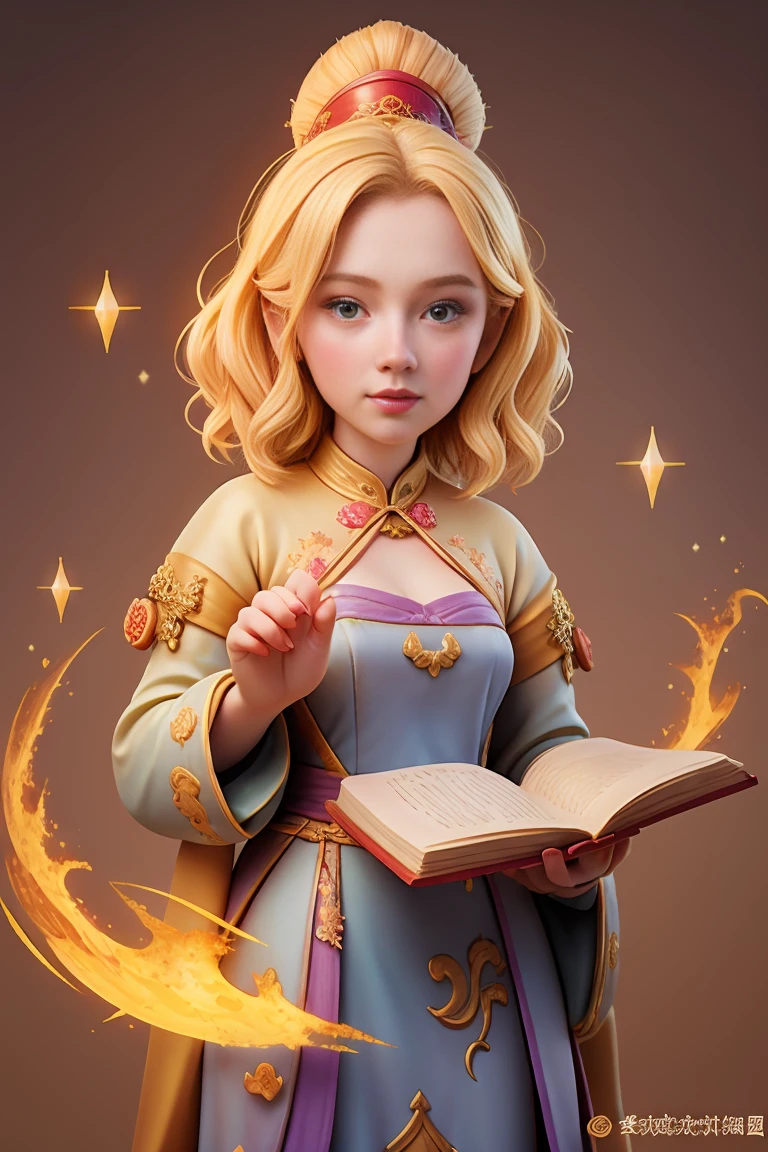 an epic colorful book cover of a 20th century young Blonde Swedish witch transported in Tang Dynasty times in ancient China, European face, Tang dynasty clothes, wearing colorful hanfu, neutral expression, holding a shining magic book, in a palace room, masterpiece, best quality, trending on artstation, intricate details, eerie magical atmosphere, sparkles, epic background, Chinese palace in the background