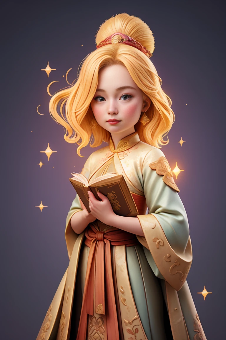 an epic colorful book cover of a 20th century young Blonde Swedish witch transported in Tang Dynasty times in ancient China, European face, Tang dynasty clothes, wearing colorful hanfu, neutral expression, holding a shining magic book, in a palace room, masterpiece, best quality, trending on artstation, intricate details, eerie magical atmosphere, sparkles, epic background, Chinese palace in the background