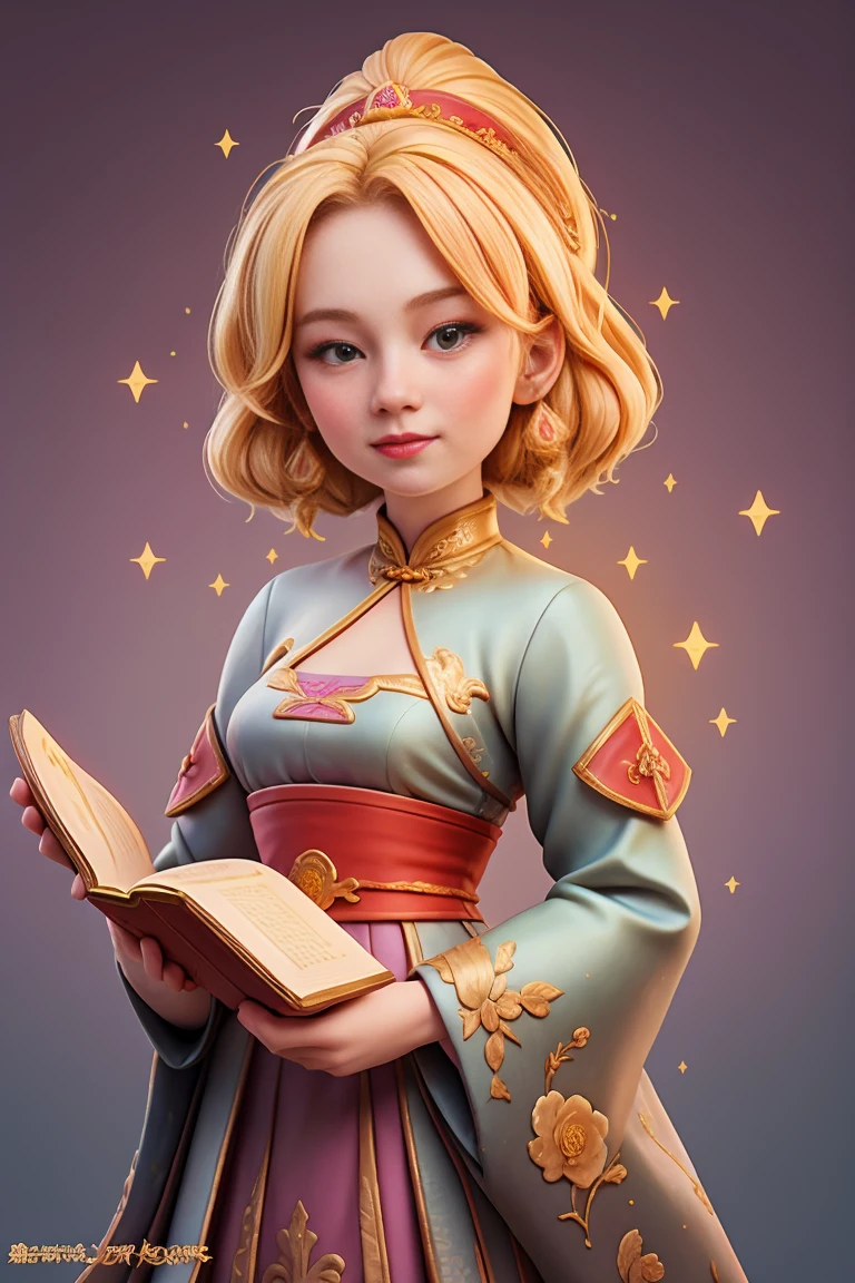 an epic colorful book cover of a 20th century young Blonde Swedish witch transported in Tang Dynasty times in ancient China, European face, Tang dynasty clothes, wearing colorful hanfu, neutral expression, holding a shining magic book, in a palace room, masterpiece, best quality, trending on artstation, intricate details, eerie magical atmosphere, sparkles, epic background, Chinese palace in the background