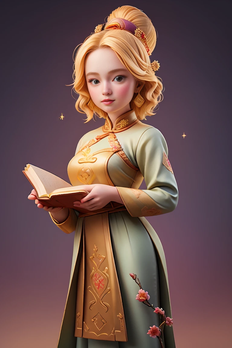 an epic colorful book cover of a 20th century young Blonde Swedish witch transported in Tang Dynasty times in ancient China, European face, Tang dynasty clothes, wearing colorful hanfu, neutral expression, holding a shining magic book, in a palace room, masterpiece, best quality, trending on artstation, intricate details, eerie magical atmosphere, sparkles, epic background, Chinese palace in the background