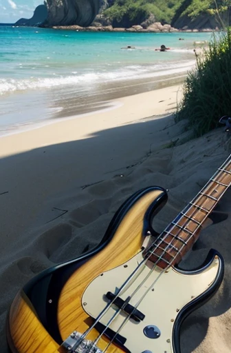 I want an instrument " bass guitar" in a landscape with. summer face , like a beach for example