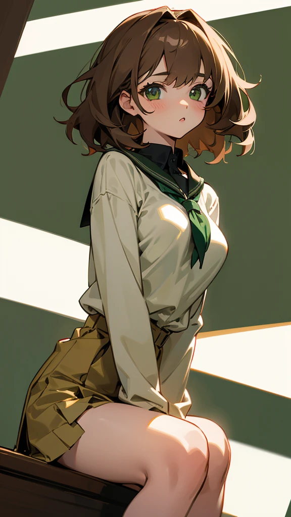 A girl with short fluffy light brown hair, dark green eyes, not so big breasts, school clothes and little uncovering. 
