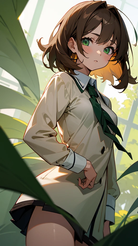 A girl with short fluffy light brown hair, dark green eyes, school clothes and little uncovered breasts