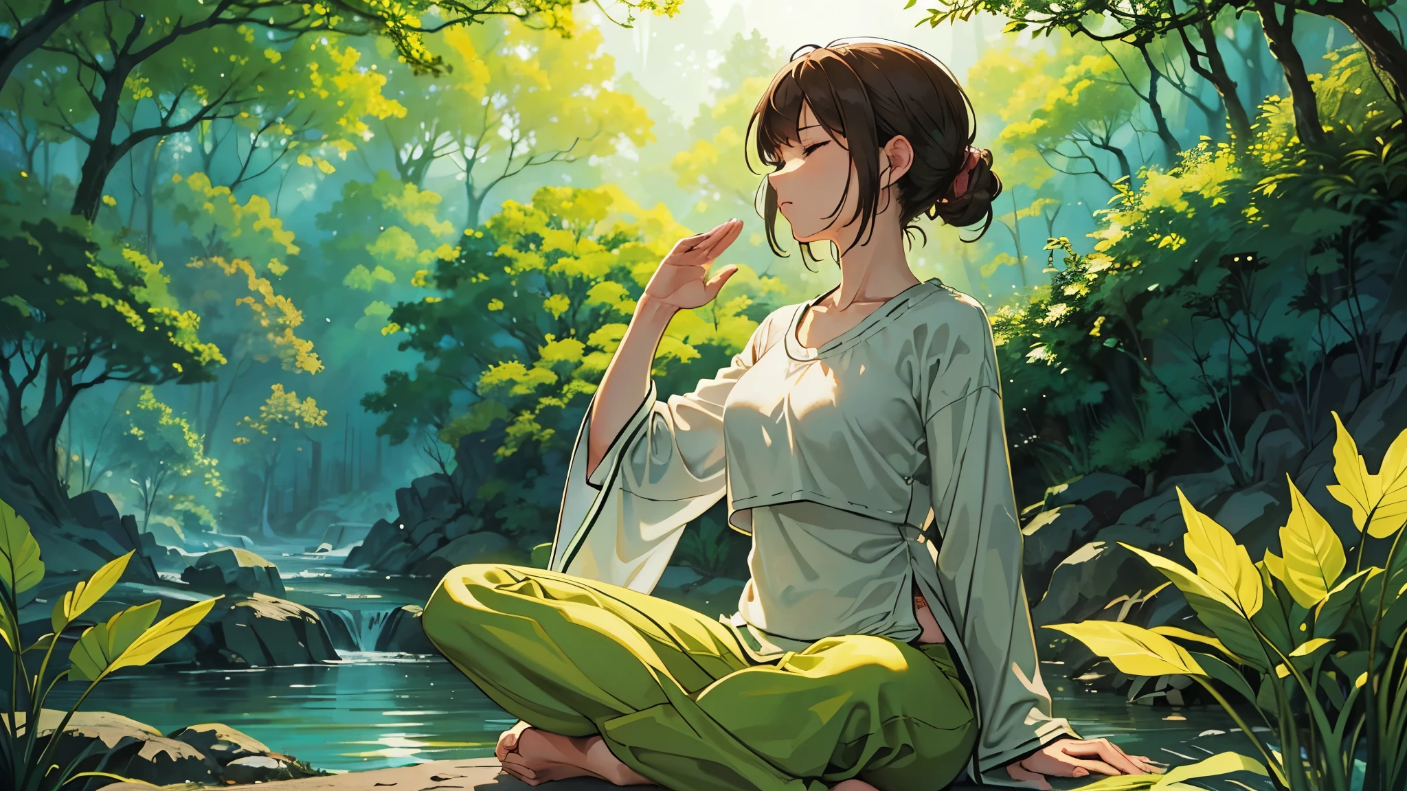 「In the quiet forest、A female character is meditating under a big tree。She is wearing relaxed yoga wear.、Sitting cross-legged、I close my eyes and take a deep breath。Lush green trees all around々And the flowers spread out、The soft morning light shines through the trees.。You can hear the murmur of the river in the background、Feel the harmony of silence and nature。Warm brown and green tones throughout、There is a pleasant sense of calm.。」