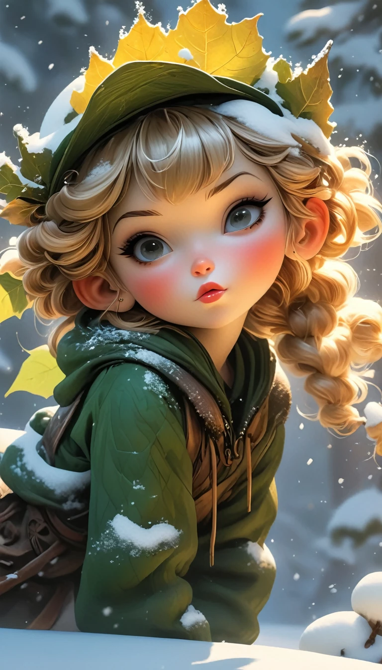 a snowy winter leaf pixie girl on a leaf in the snow, blonde hair, the snow pixie and the world of adventure, photo realism, 8k resolution, the snowy winter leaf pixie and the world of adventure, photo realism, 8k resolution,, garden, trending on artstation, 4k, intricate details, highly detailed, pencil drawing, sketching, unreal engine, Caravaggio, greg rutkowski, loish, rhads, beeple, makoto shinkai and lois van baarle, ilya kuvshinov, rossdraws, tom bagshaw, alphonse mucha, oil painting, heavy strokes, paint dripping, oil painting, heavy strokes, paint dripping