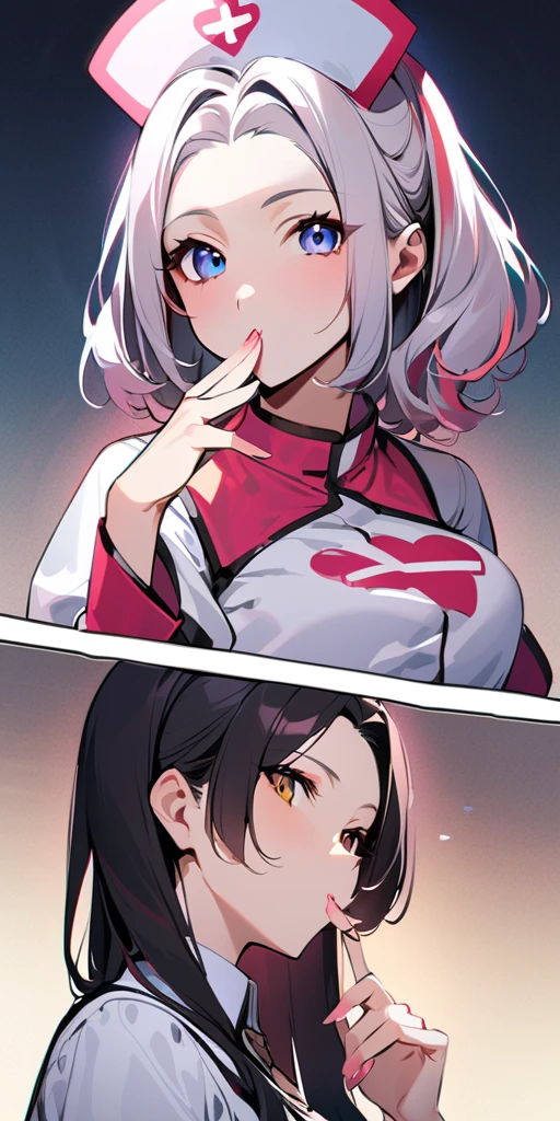 ((Highest quality、masterpiece、Anime Style、Highest quality、High resolution、8k、detailed、ultra-detailed:1.3))、Long legs、Sharp focus:1.2, Beautiful woman with perfect figure:1.4、(smile:1.2), double eyelid、30-year-old woman、Sexy pose、((((Shut your mouth.、One Woman、Nurse uniform:1.5)))),The background is the near-future Earth