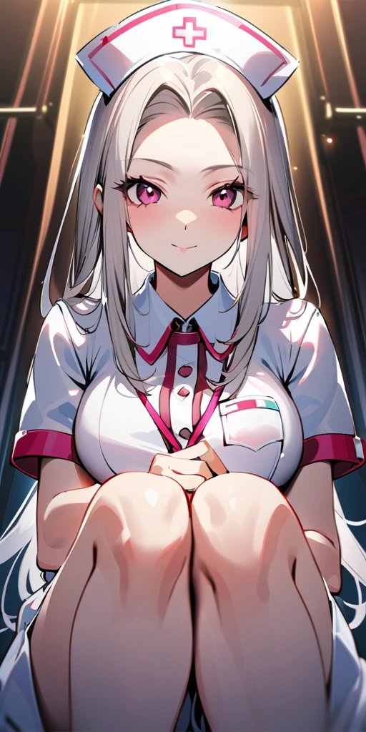 white hair, red eyes, woman, , masturbate pose, white hair, red eyes, long hair, masturbate, nude, medium breast, charming sex face, nurse uniform, in hospital