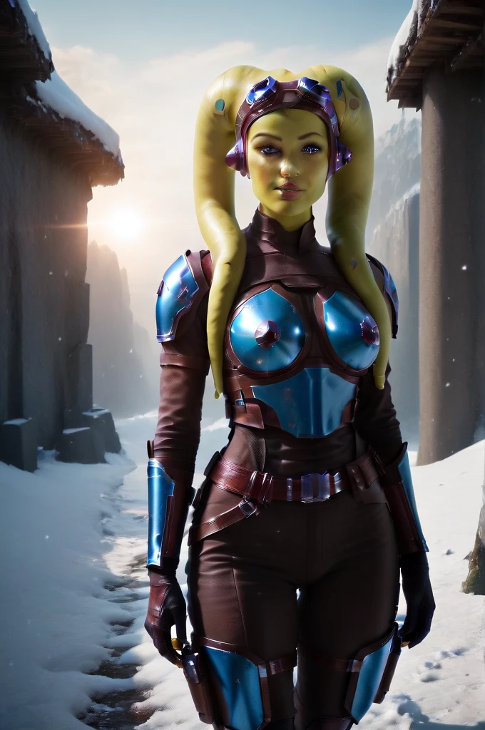 a ((fall body)) (((hera syndulla))) ((green skin ))
 ((female twi'lek ))mandalorian,walking on snow fire, beautiful detailed eyes, beautiful detailed lips, extremely detailed face, long eyelashes, mandalorian armor, sci-fi, cinematic lighting, dramatic, epic, intricate details, hyper-realistic, 8k, high-quality, photorealistic
