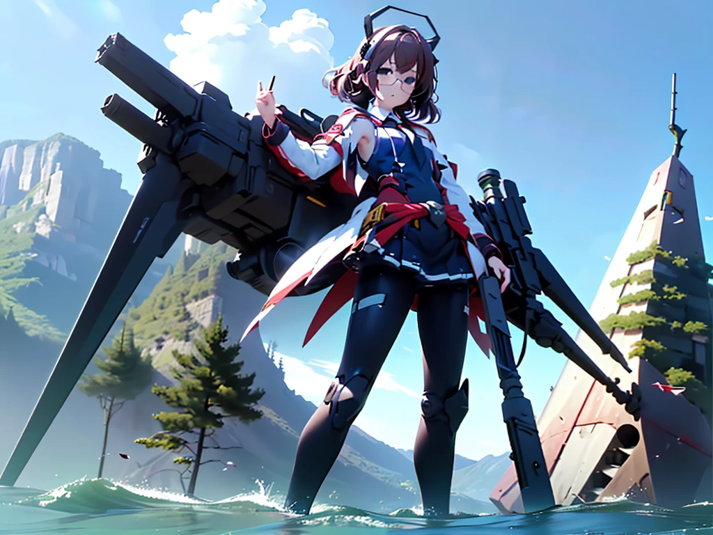 (((masterpiece, Vision))), ((((Full body of a woman with perfect flat chest、1 Female、solo、Short unkempt black hair、Tie your messy hair at the nape of your neck、white military jacket、Miko costume、black tights、Black glasses are black、White military cap、Cloudy black eyes、Confused eyes、Junyo-inspired emblem、Ship-style boots)))), (((Shipgirl))), ((Floating on the morning sea with both feet)), (Standing with your legs apart)), Aim, (Hold the shotgun turret grip with your right hand), (Four white mechanical dragons extend from its back.), (Equipped with a small hull with turrets on either side of the waist), (Equipped with a bridge on the back), (Left arm holds the grip of a double-barreled shotgun),