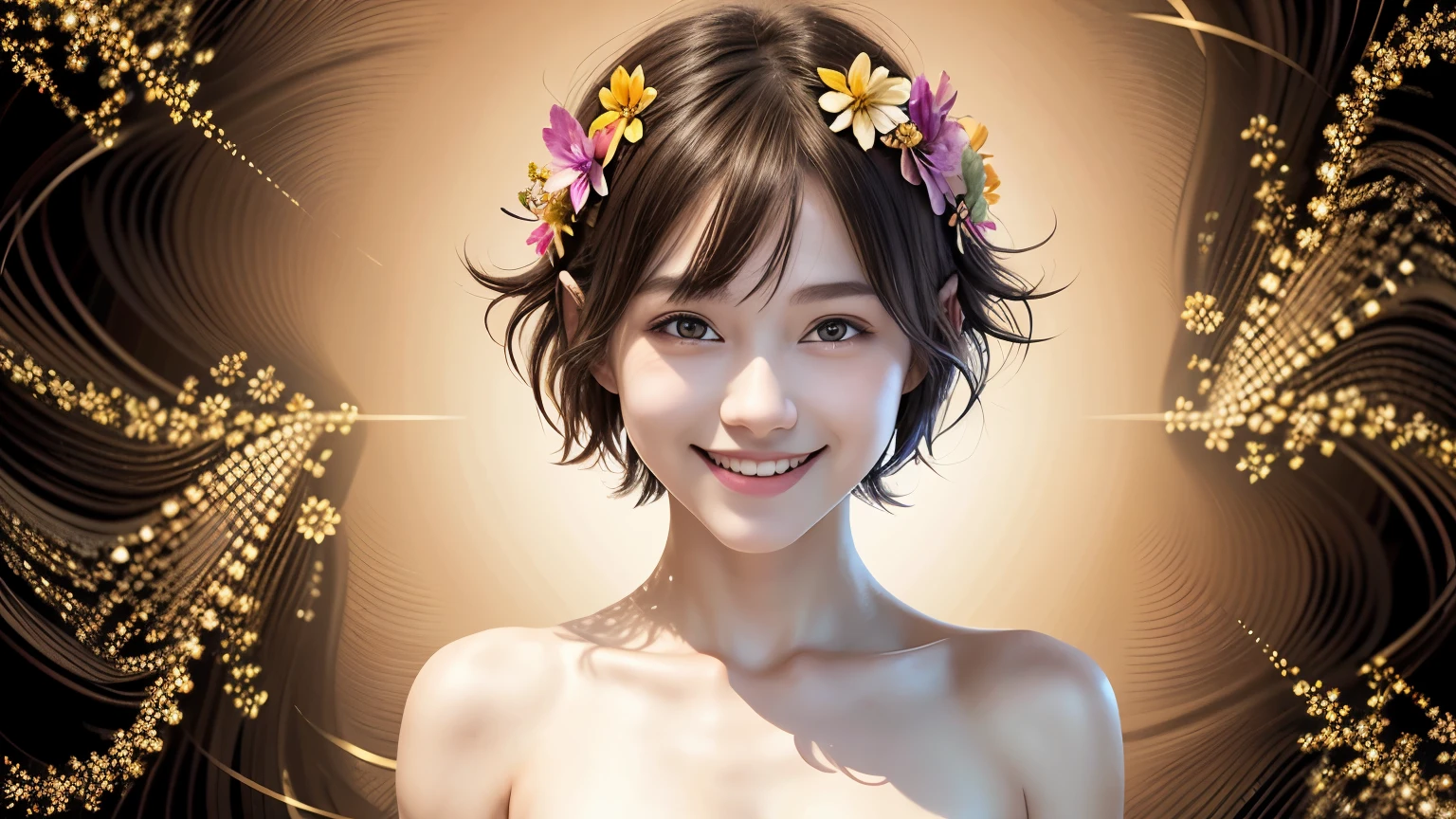 257 20-year-old female, (short hair),(Abstract background,Fractal Art), smile, flower