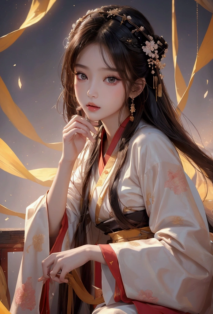 Best image quality、8k、masterpiece：1.3))、Realistic high-quality photos、Highest quality、 Beautiful face、Photos of slim models、Beautiful girl model、Young and pretty face、Beautiful model girl、A lovely and delicate face、Black Hair、Beautiful brown eyes、Young Body、Hanfu, (emphasize)、from the front、Camera gaze,、Anatomically correct、胸の谷間をemphasize、whole body、13-year-old female model