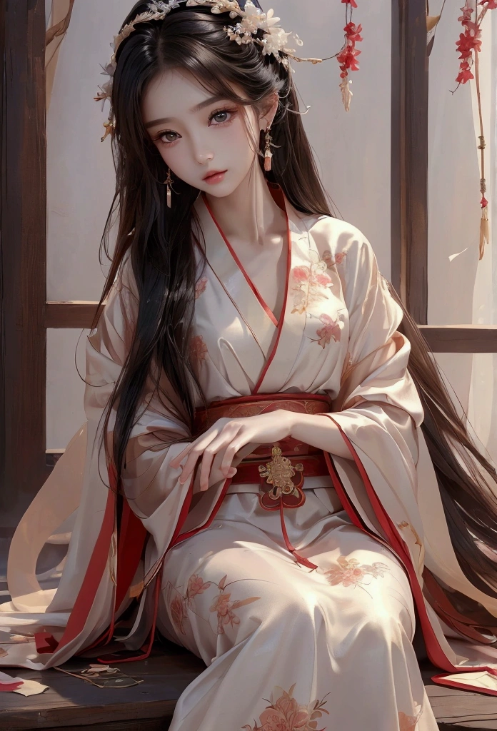 Best image quality、8k、masterpiece:1.3))、Realistic high-quality photos、Highest quality、 Beautiful face、Photos of slim models、Beautiful girl model、Young and pretty face、Beautiful model girl、A lovely and delicate face、Black Hair、Beautiful brown eyes、Young Body、Hanfu, (emphasize)、from the front、Camera gaze,、Anatomically correct、胸の谷間をemphasize、whole body、13-year-old female model