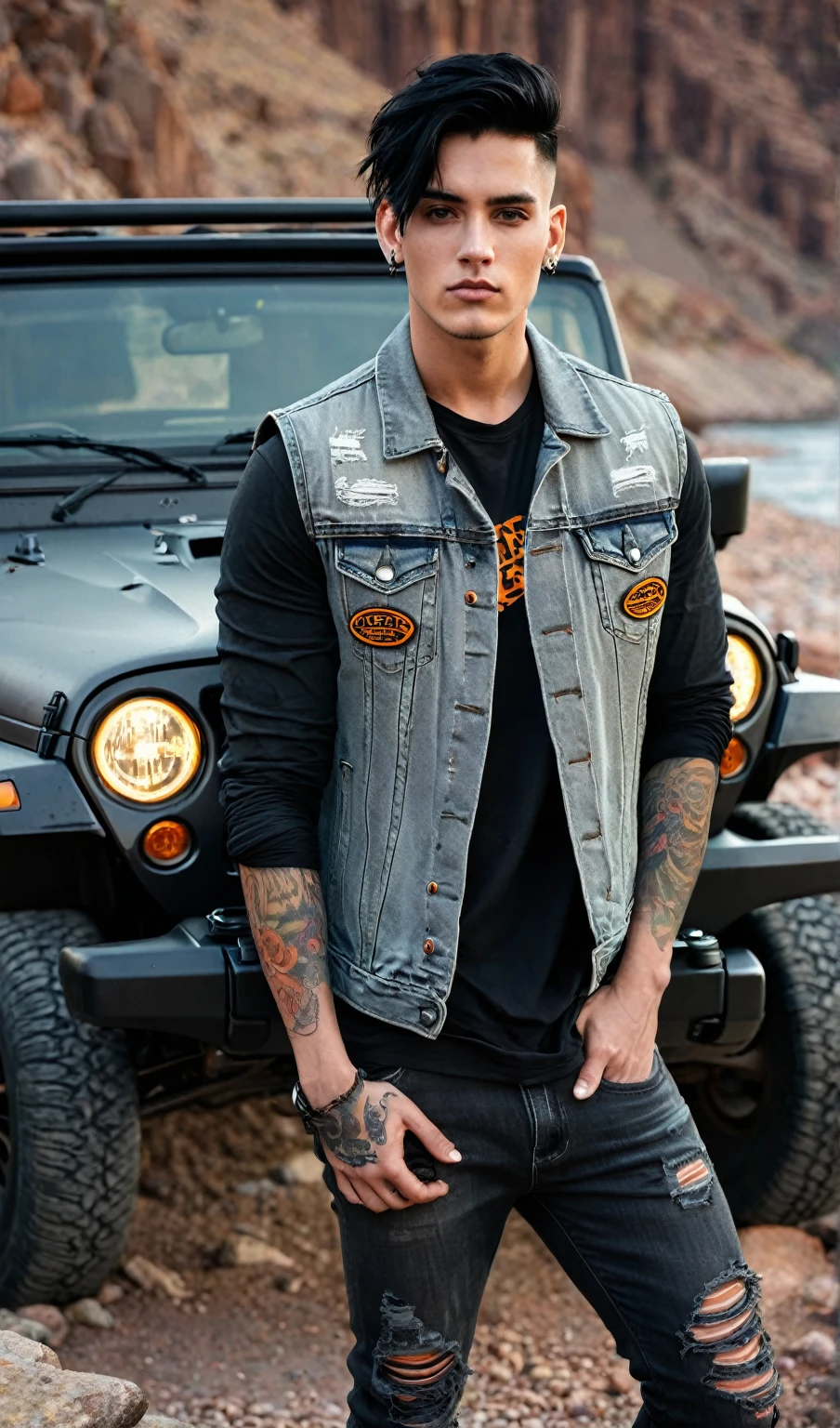 masterpiece, above, very realistic, very detailed, original photo, Best Quality, handsome 35 year old young man, standing leaning in front of a matt black hardtop jeep with one elbow resting on the front of the car facing forward, on a track river with large rocks and the water looks like it is flowing gently, the body of the car is full of stickers, orange sunlight shines through it making the atmosphere look natural, wearing a gray denim jacket vest full of patches, wearing a black round piercing, tattooed arms, black tight jeans ripped at the knees, dark brown sneakers, facing the audience, cool undercut black hair, masculine and masculine. smooth youth, neat and clean, handsome, Raw photo, Professional Photography, Portrait, Soft light, Professional Lighting, Back lighting, full body, viewer, Advanced, Film grain, (Eyes and face details: 1.0), Cool undercut black hair . Very detailed definition