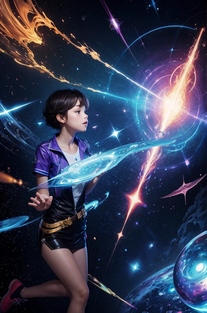 "A young girl stands before a shimmering portal, her hand outstretched tentatively. The portal crackles with energy, swirling colors of blue and purple enticingly. She takes a deep breath, her eyes wide with excitement and a hint of fear, before stepping forward courageously, disappearing into the unknown."