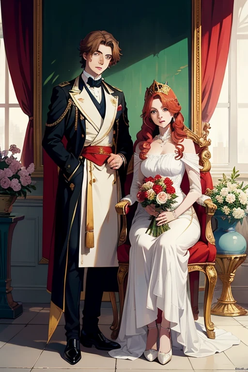 ((Best Quality)), (detailed) couple, red hair, seductive and serene green eyes, White skin, seated on a throne and crowned with golden laurels, they look like twin brothers.
a paraguayan flag hanging. 1845 vases with burucuyá flowers and roses.
supreme and royal atmosphere.  ((19th century)), ((anime))