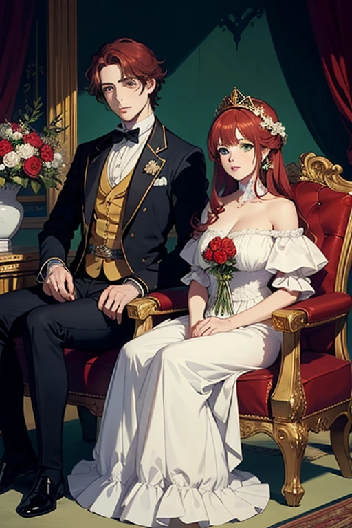 ((Best Quality)), (detailed) couple, red hair, seductive and serene green eyes, White skin, seated on a throne and crowned with golden laurels, they look like brothers.
a paraguayan flag hanging. 1845 vases with burucuyá flowers and roses.
supreme and royal atmosphere. ((19th century)), ((anime))