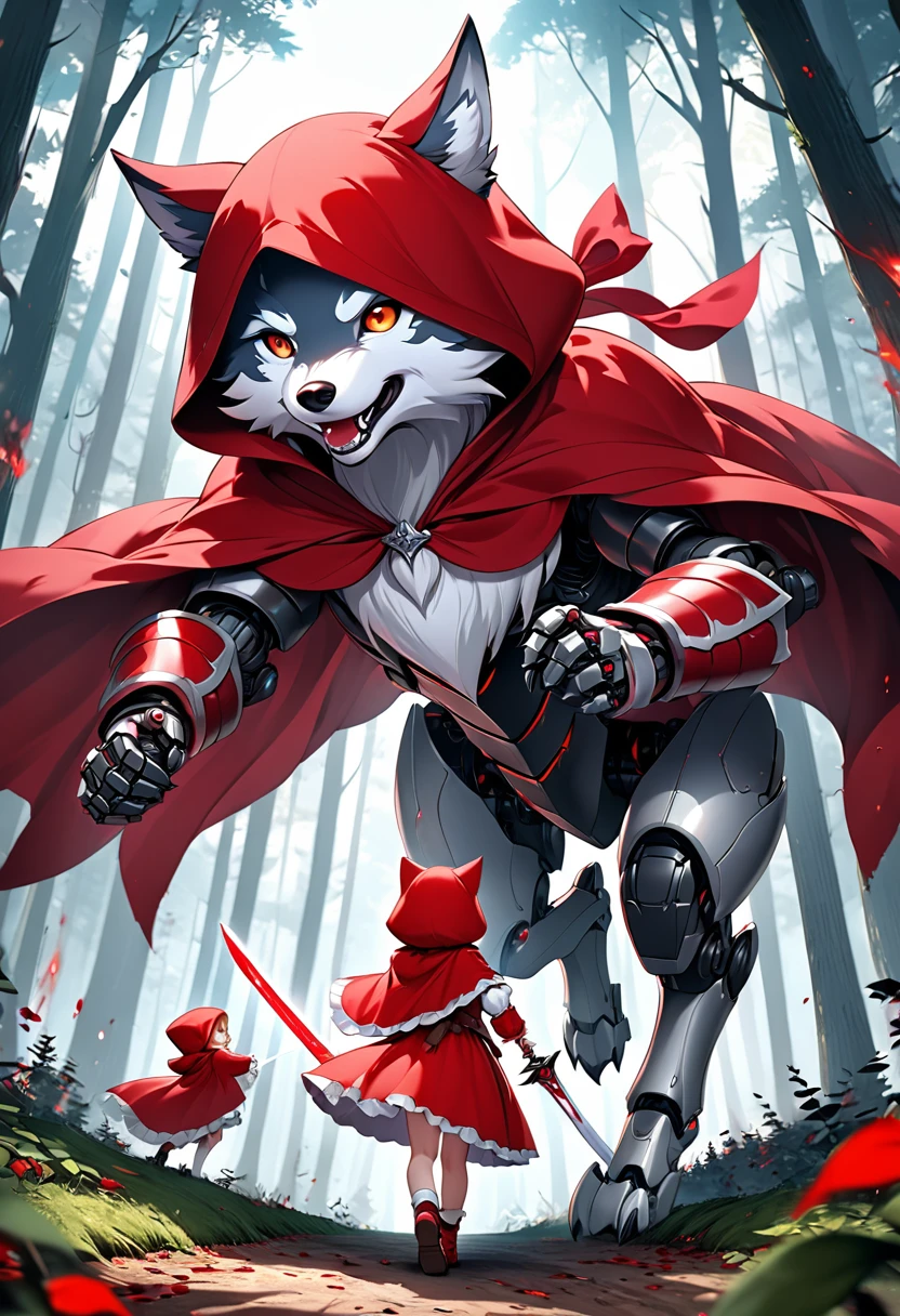 Fantasy CG art,Depicting the deadly battle between Little Red Riding Hood and the wolf,Little Red Riding Hood has a cute appearance,Red twin-tail hairstyle,she wears flashy red and white robot armor and a long red hood.(In both hands he holds a beautifully decorated red and white sword:1.2) .The wolf is a large frightening, black robotic-style creature about to pounce on Little Red Riding Hood.A deadly battle in a mysterious forest,A tense and heated battle is unfolding.A view of Little Red Riding Hood from directly behind.High quality, high definition, 4k, 8k. Ultra detail,Ultra-fine painting,Vivid colors,
