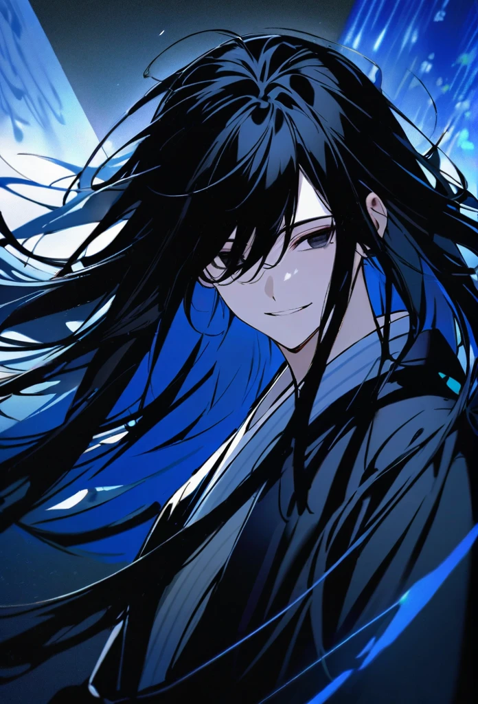 Japanese。male。Sharp black Eye。Strong features。Smile a little。Very long black hair。Plain blue kimono(Dressed in kimono)。A strong wind blows my hair back。Cover your eyes with hair。The background is blue light。Stand up straight。