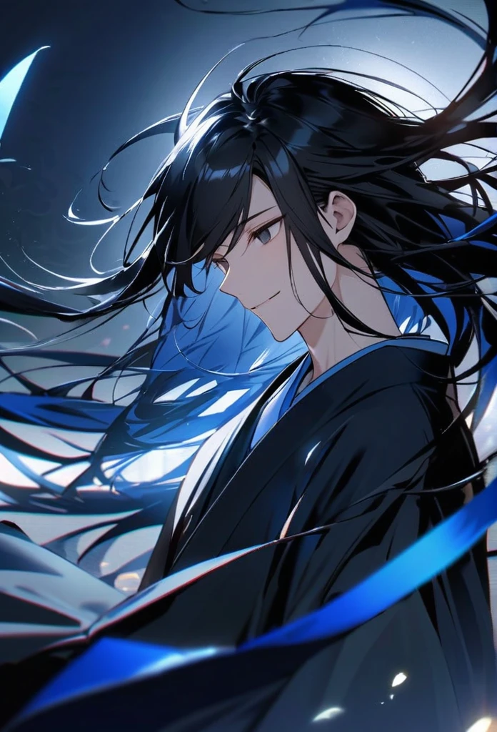 Japanese。male。Sharp black Eye。Strong features。Smile a little。Very long black hair。Plain blue kimono(Dressed in kimono)。A strong wind blows my hair back。Cover your eyes with hair。The background is blue light。Stand up straight。
