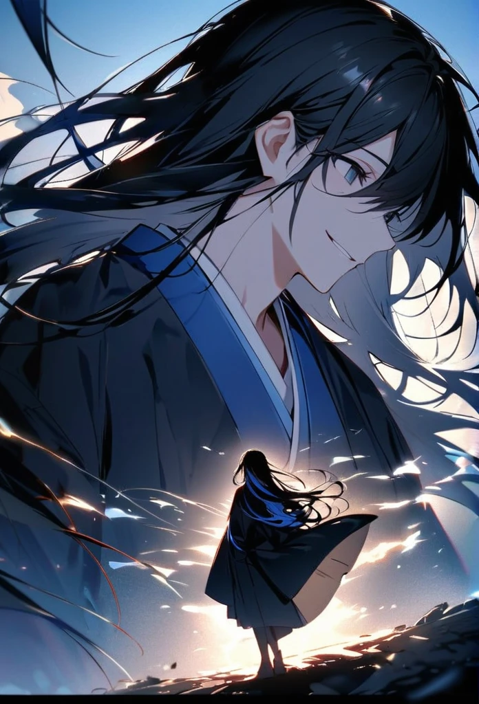 Japanese。male。Sharp black Eye。Strong features。Smile a little。Very long black hair。Plain blue kimono(Dressed in kimono)。A strong wind blows my hair back。Cover your eyes with hair。The background is blue light。Stand up straight。