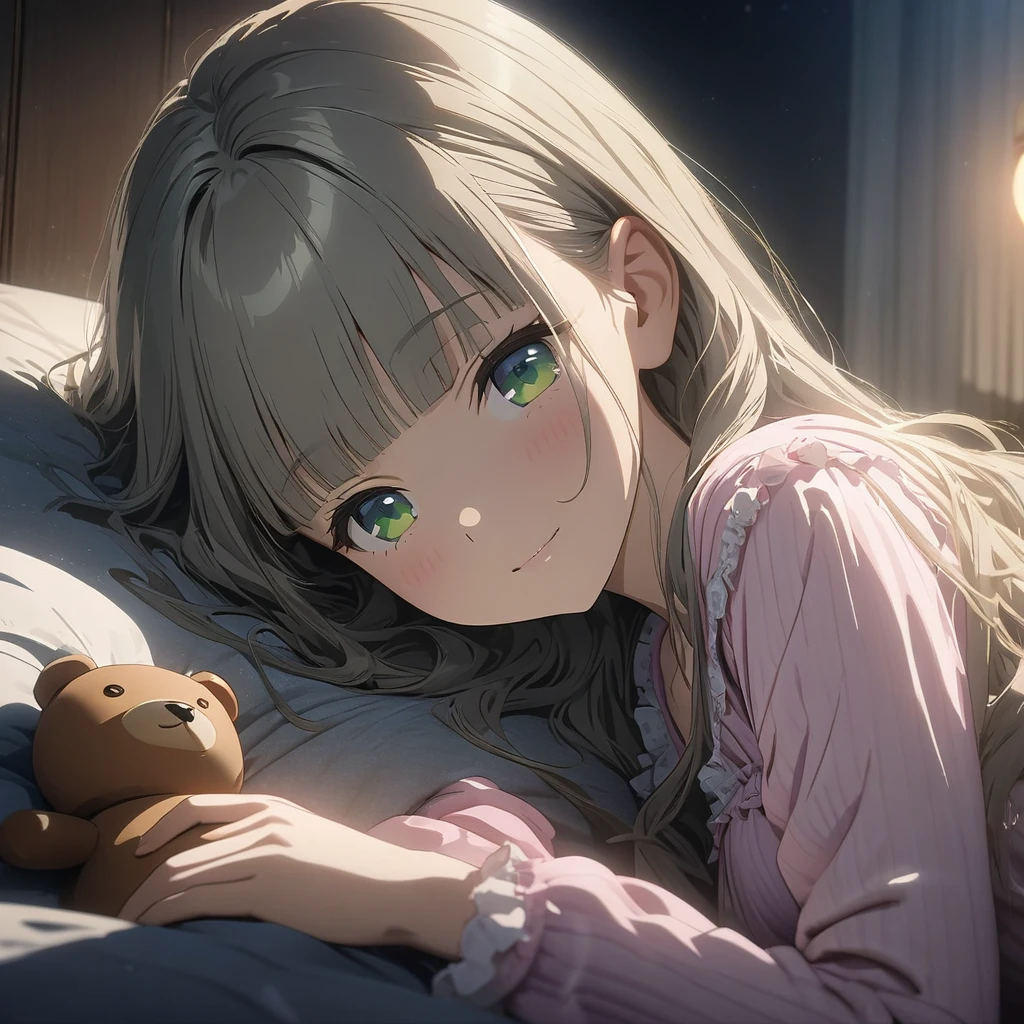 masterpiece, ultra detailed, 8K, (Cute a girl:1.5),
(masterpiece:1.3), anime visual,pale puple long hair,blunt bangs hair,green eyes, (Lovey-dovey:1.5), (tilt head:1.3), extremely delicate face, soft clean focus, realistic lighting and shading, (an extremely delicate and beautiful art:1.3), elegant, (muted colors:1.1), small breast,slim,Pink ribbed frill trim pajamas, a bed, a night light, a kind smile,Sleeping with a teddy bear,(night lit:1.5),