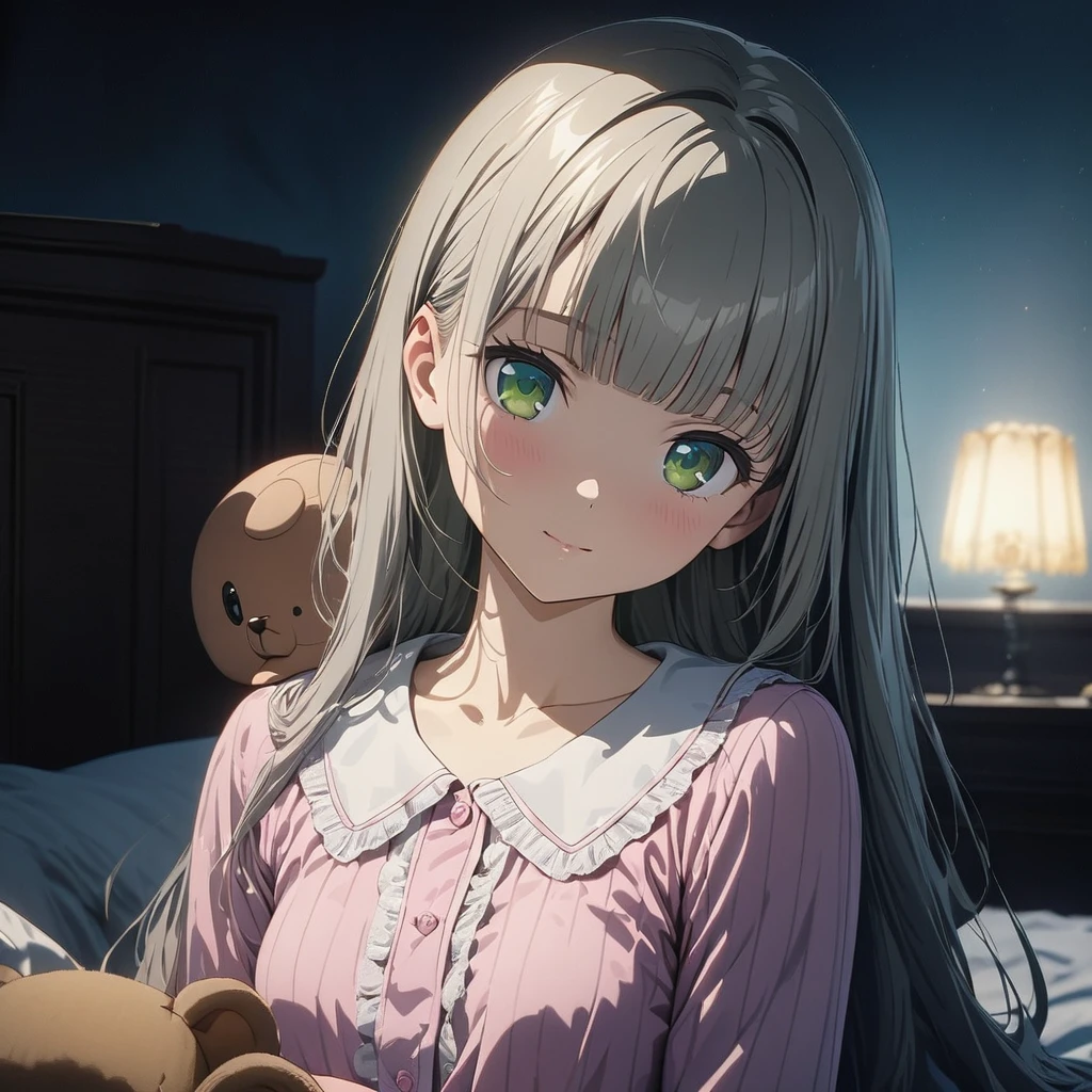 masterpiece, ultra detailed, 8K,  (Cute a girl:1.5), 
(masterpiece:1.3), anime visual,pale puple long hair,blunt bangs hair,green eyes, (Lovey-dovey:1.5), (tilt head:1.3), extremely delicate face, soft clean focus, realistic lighting and shading, (an extremely delicate and beautiful art:1.3), elegant, (muted colors:1.1), small breast,slim,Pink ribbed frill trim pajamas, a bed, a night light, a kind smile,Sleeping with a teddy bear,(night lit:1.5),