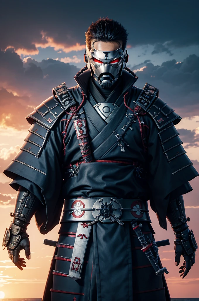 No text, wide plan, cloud ocean background, CyberRonin, (Cyber-Samurai:1.2)