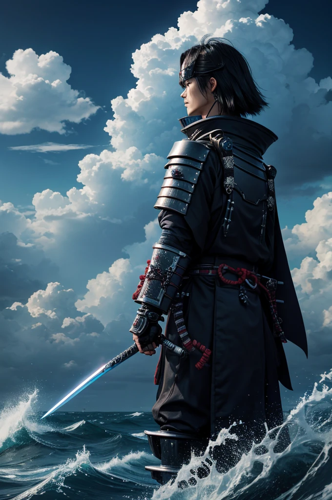 No text, wide plan, cloud ocean background, CyberRonin, (Cyber-Samurai:1.2)