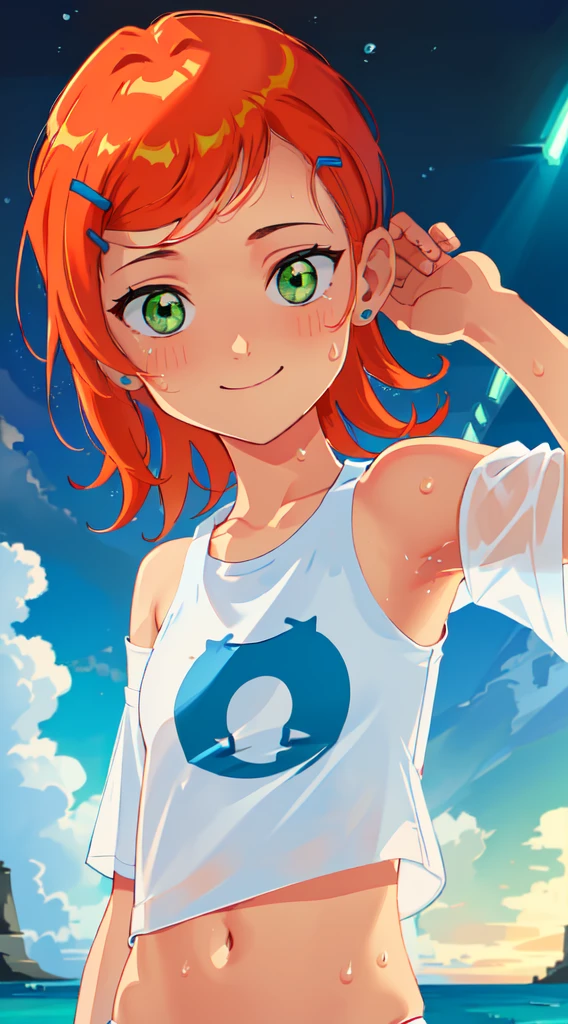 (((Masterpiece: 1.5, Best Quality, High Resolution: 1.3, Super Resolution, Ultra Detail, Ultra Detail: 1.3, Rich Background: 1.2))), (Close-up of face)), 1 girl, Solo, Wonderful smile, Green eyes, Blonde long hair tied with a blue ribbon, dull bangs, cute hairpins, transparent white T-shirt, White bikini inside T-shirt, white panties, (raise one hand)), (Armpit), (sweat) , (outdoor), ((sea: 1.2)), ((beach)), landscape, (dusk), ((dynamic lights: 1.4))