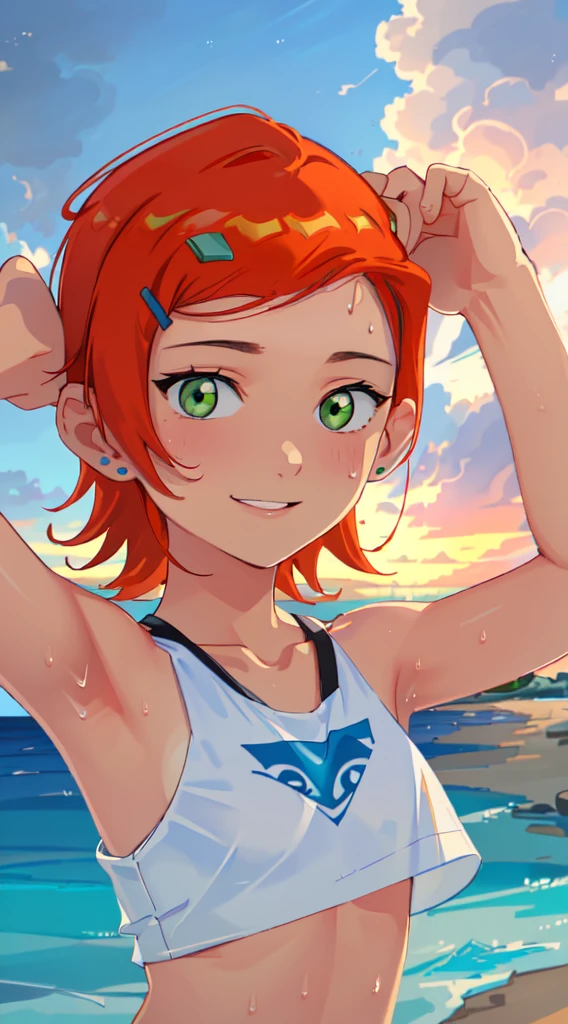 (((Masterpiece: 1.5, Best Quality, High Resolution: 1.3, Super Resolution, Ultra Detail, Ultra Detail: 1.3, Rich Background: 1.2))), (Close-up of face)), 1 girl, Solo, Wonderful smile, Green eyes, Blonde long hair tied with a blue ribbon, dull bangs, cute hairpins, transparent white T-shirt, White bikini inside T-shirt, white panties, (raise one hand)), (Armpit), (sweat) , (outdoor), ((sea: 1.2)), ((beach)), landscape, (dusk), ((dynamic lights: 1.4))