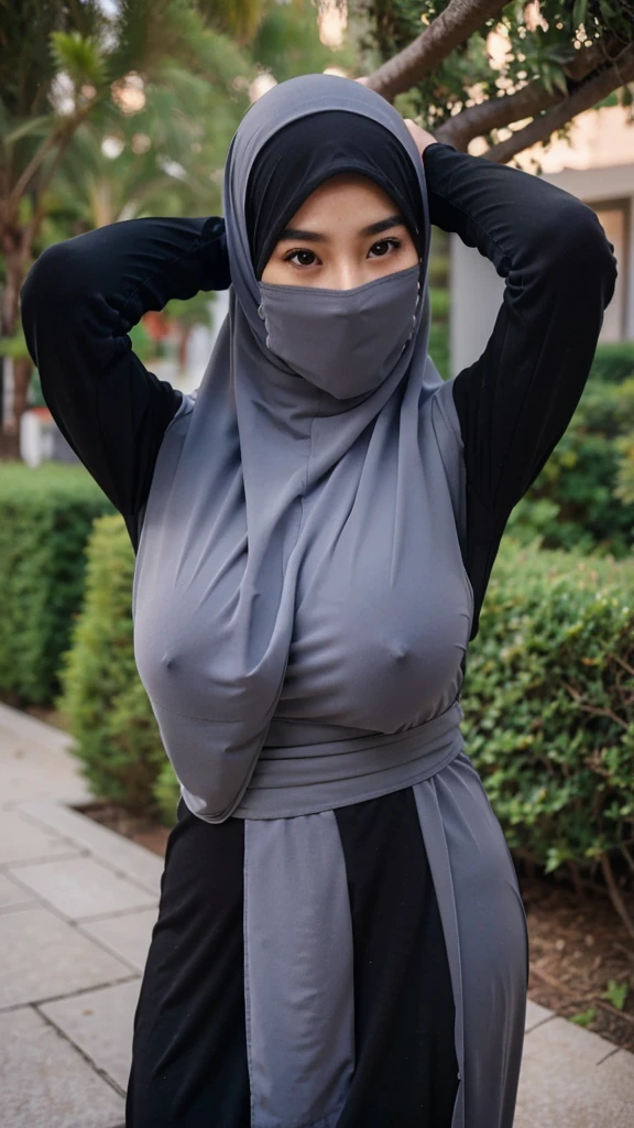 A beautiful Asian girl in a long hijab with tight and clearly visible breasts, In tight black clothes, He was hugging himself sideways, and good quality images