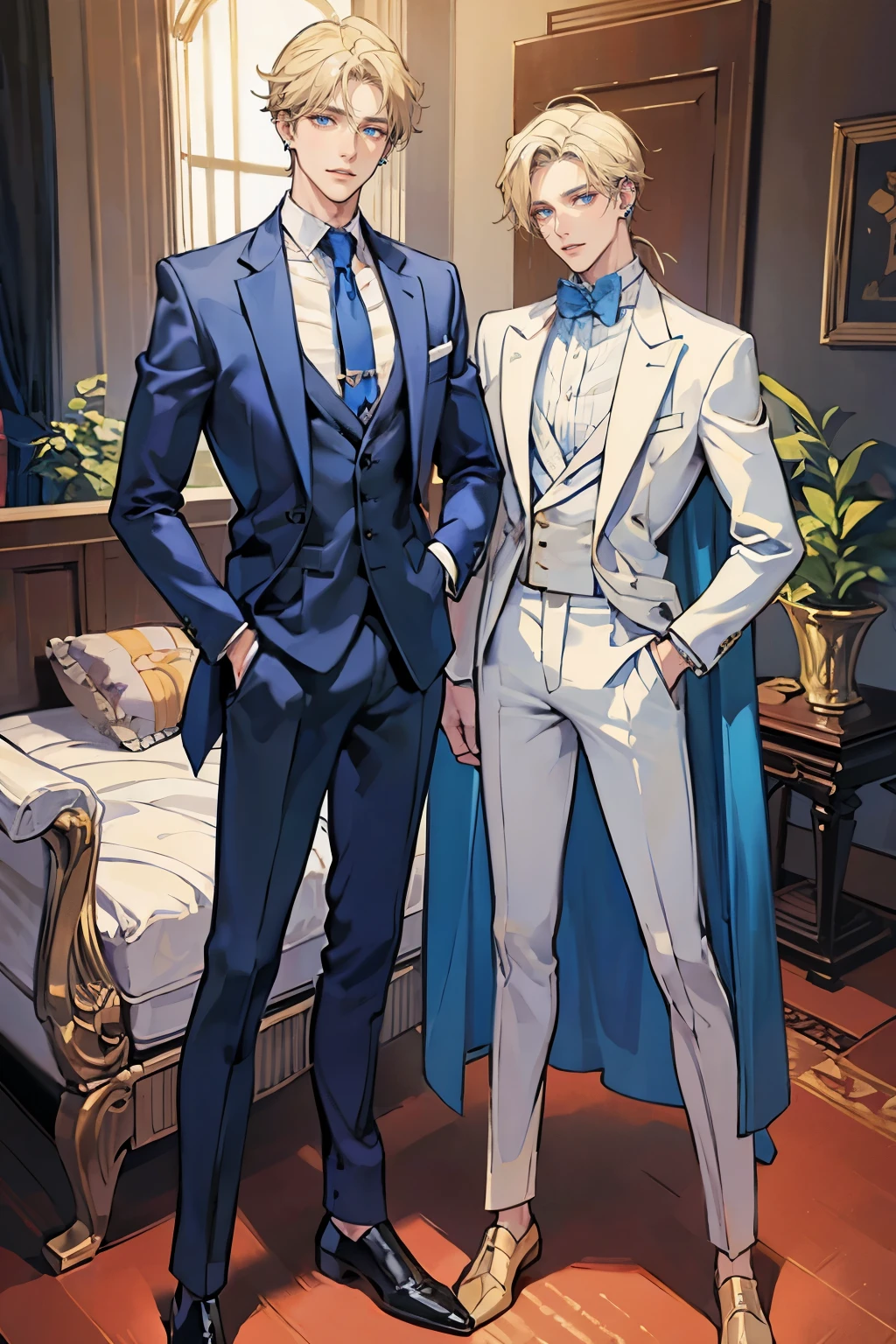 (masterpiece), best quality, seductive eyes, perfect face, handsome man, blue eyes, middle part blonde hair, long nose, tan brown skin, business suit, extremely tall man, long legs, long calves, full body, tall man, long legs, anime cover, 1boy, ear piercings, facial piercings, hands in pockets, adult-like look, pretty but mature man