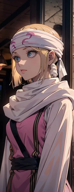 masterpiece), best quality, high resolution blonde 1girl bob cut medium hair standing alone cowl headband profile image looking at viewer beautiful eyes beautiful face extremely detailed pink clothing girly