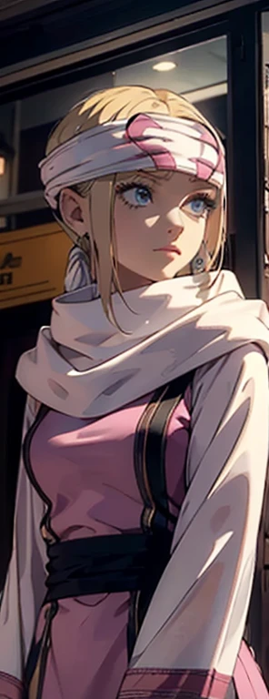 masterpiece), best quality, high resolution blonde 1girl bob cut medium hair standing alone cowl headband profile image looking at viewer beautiful eyes beautiful face extremely detailed pink clothing girly