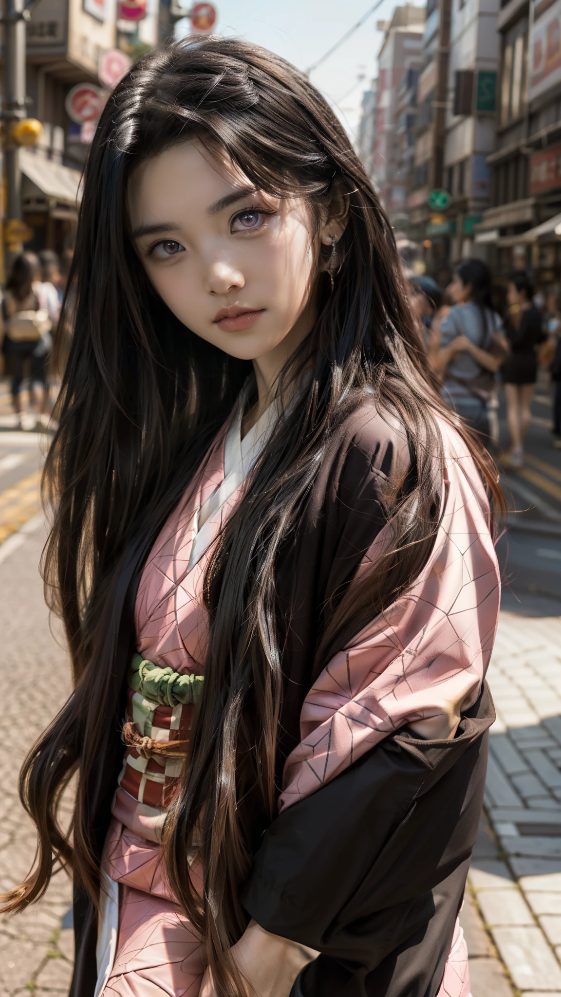 Cute Japanese woman, (16 years old), (Very cute face: 1.3), White and moisturized skin,
BREAK,
Fighter, Kung Fu fighter, Idol,
BREAK,
(Wearing cute kimono: 1.3), (Very revealing kimono), Very large earrings, Short length,
BREAK,
(Long hair), (Gray hair), (Wavy hair), (Gradient pink hair: 1.3), (Red hair at the ends),
BREAK,
(Realistic: 1.3), Masterpiece, Perfect lighting, (Ultra high resolution), (8K), (Very detailed: 1.4), (From the front), Looking at the camera, Melancholic expression, (Full body),
BREAK,
(Japanese city streets: 1.2), (Great fire in the background),
BREAK,
(Demon Slayer: 1.4),
BREAK,
(Hellfire: 1.2), Demon,