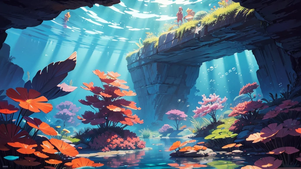 "Create a cartoon-style illustration/manga with characters of juvenile proportions and exaggerated expressions. Use a vibrant, saturated color palette. Characters must have clean, well-defined lines, with soft shadows and light gradients. The background should be moderately detailed with natural elements, such as water and aquatic plants, that complement the scene without overloading the characters. Add light effects, reflections and bubbles to capture the feeling of a dynamic underwater environment.