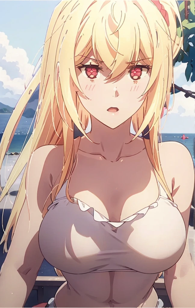 Masterpiece, best quality, highly detailed, highres, 8K, natural lighting, 1 girl, blonde hair, ahoge, ruby eyes, huge breast, black tank top, mini short pants, she wet, sexy pose, outdoor , detailed eyes, perfect eyes colors, full body shoot, detailed eyes, detailed finger shape, the number of fingers is not excessive