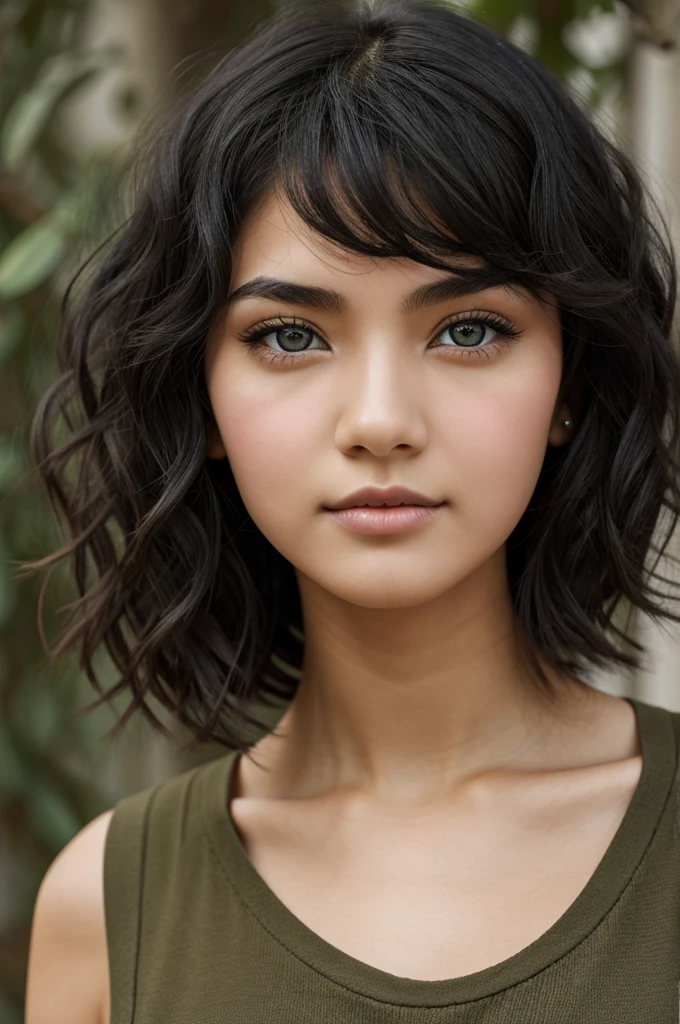 A girl with short black wavy hair and olive-colored almond eyes. 