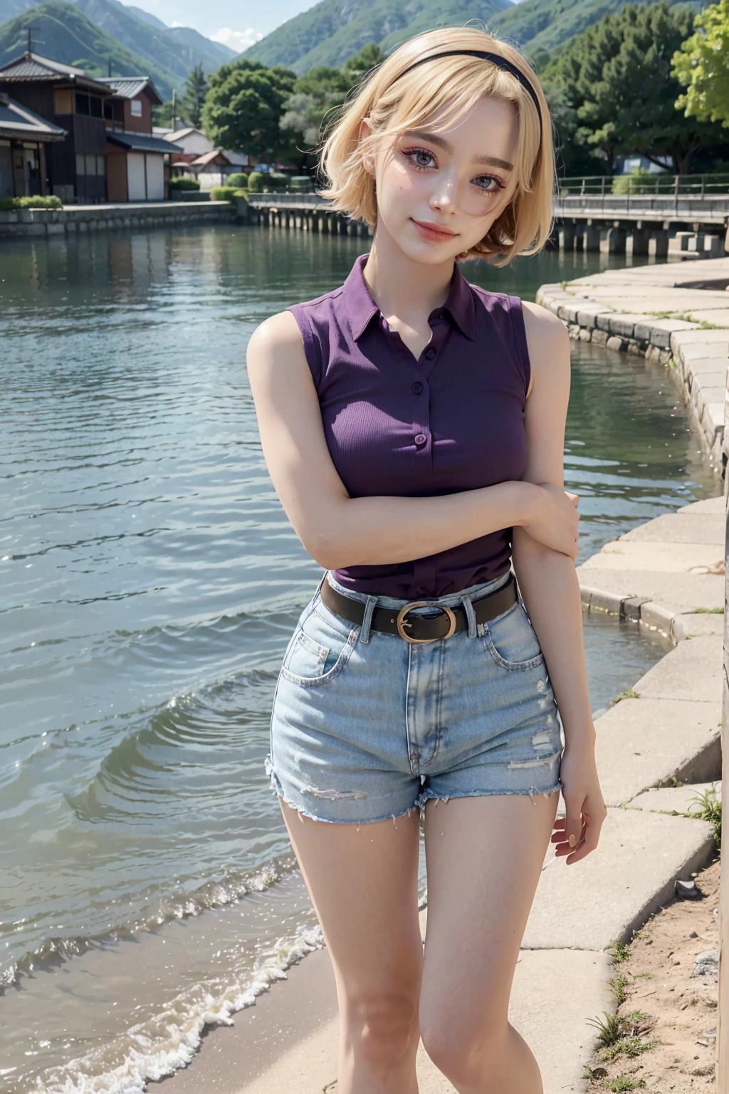 1 woman, adult woman, woman in her 30s, tarankaaa, NOT DASHA TARAN, full body standing, perfect body, best quality, 32k, photograph, full body (head to toe), tone mapping, ((houjou satoko,short hair,black hairband,blonde hair,violet eyes,hair between eyes,collared shirt,sleeveless shirt,pink shirt,shirt tucked in,mid sized breasts,belt,short shorts,blue shorts,white socks,pink footwear, athletic, big woman)), asian-european, ((golden blonde hair, short hair, purple eyes)) perfectly drawn hands, ((masterpiece)), ((highres)), ((detailed background)), japanese village background, next to a river, (big proportions), cute pose, beautiful smile, ((perfect eyes, detailed eyes, realistic eyes)), ((sharp face, detailed face, realistic face, natural skin, realistic skin, detailed skin, pores)), broad legs, broad arms