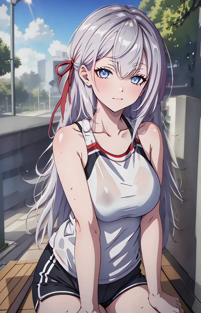 Masterpiece, best quality, highres, highly detailed, 1 girl, middle hair, white hair, half - up style hair, red ribbons in right side hair, red eyes, large breast, white tanktop, mini shorts, she wet, drenched, nipple perked out from under shirt, wet clothes sticking to her body, outdoor, public park, looking at viewers, perfect finger shape, the number of fingers is not excessive