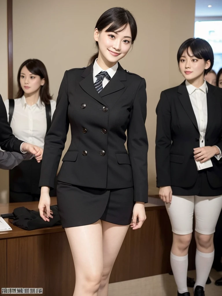 Highest quality、masterpiece、8k、Very detailed、Realistic、Looking at me with a smile、whole body、Black Hair、Short Hair、Small face、Slender、(Very large breasts:1.2)、Thin and beautiful legs、narrow and constricted waist,、(Tight reception uniform:1.2)