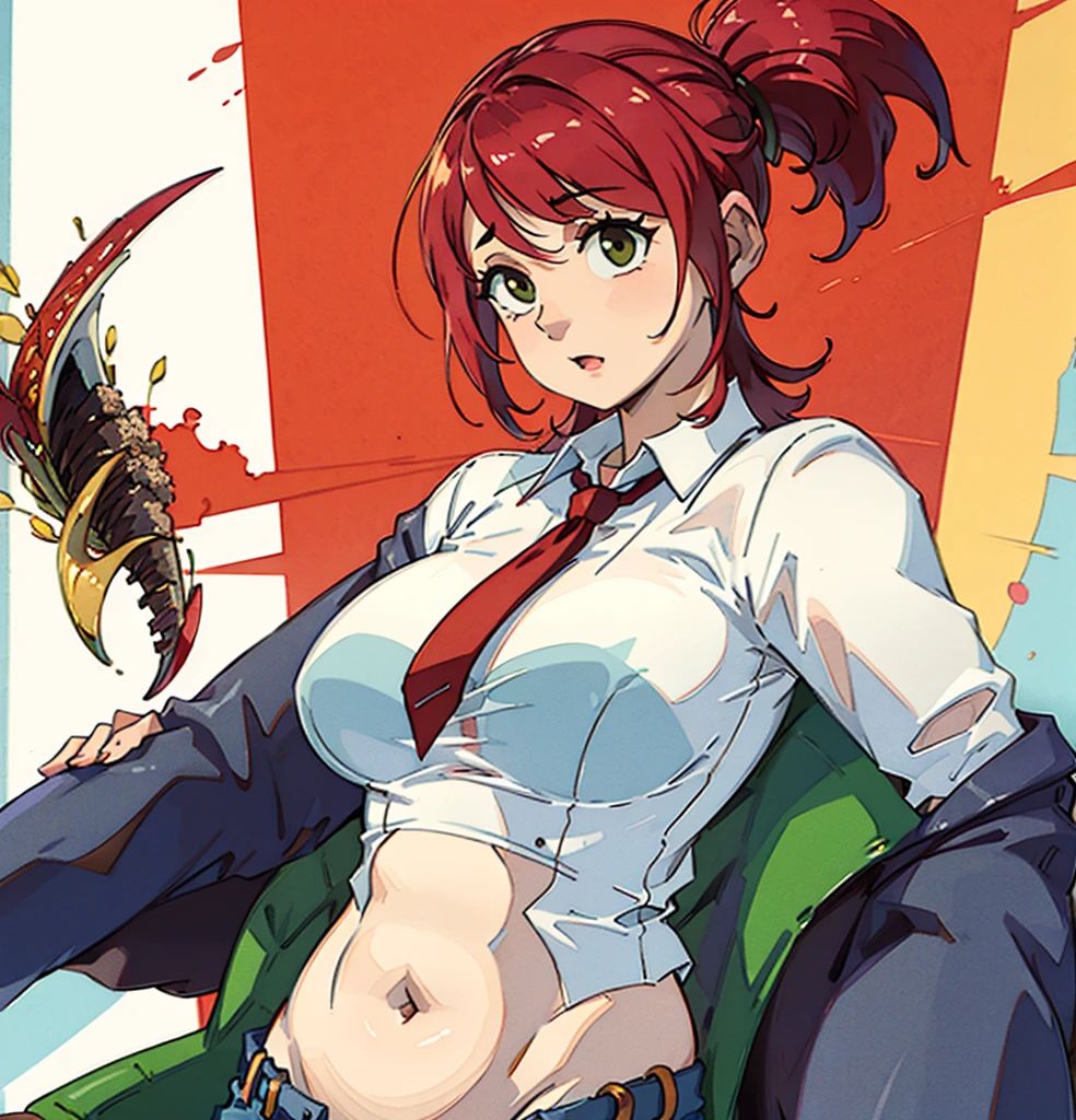 Frankie Foster, green jacket, white shirt underneath, red shorts, (1girl). High detail, High Quality, (Masterpiece) big belly, body plus.