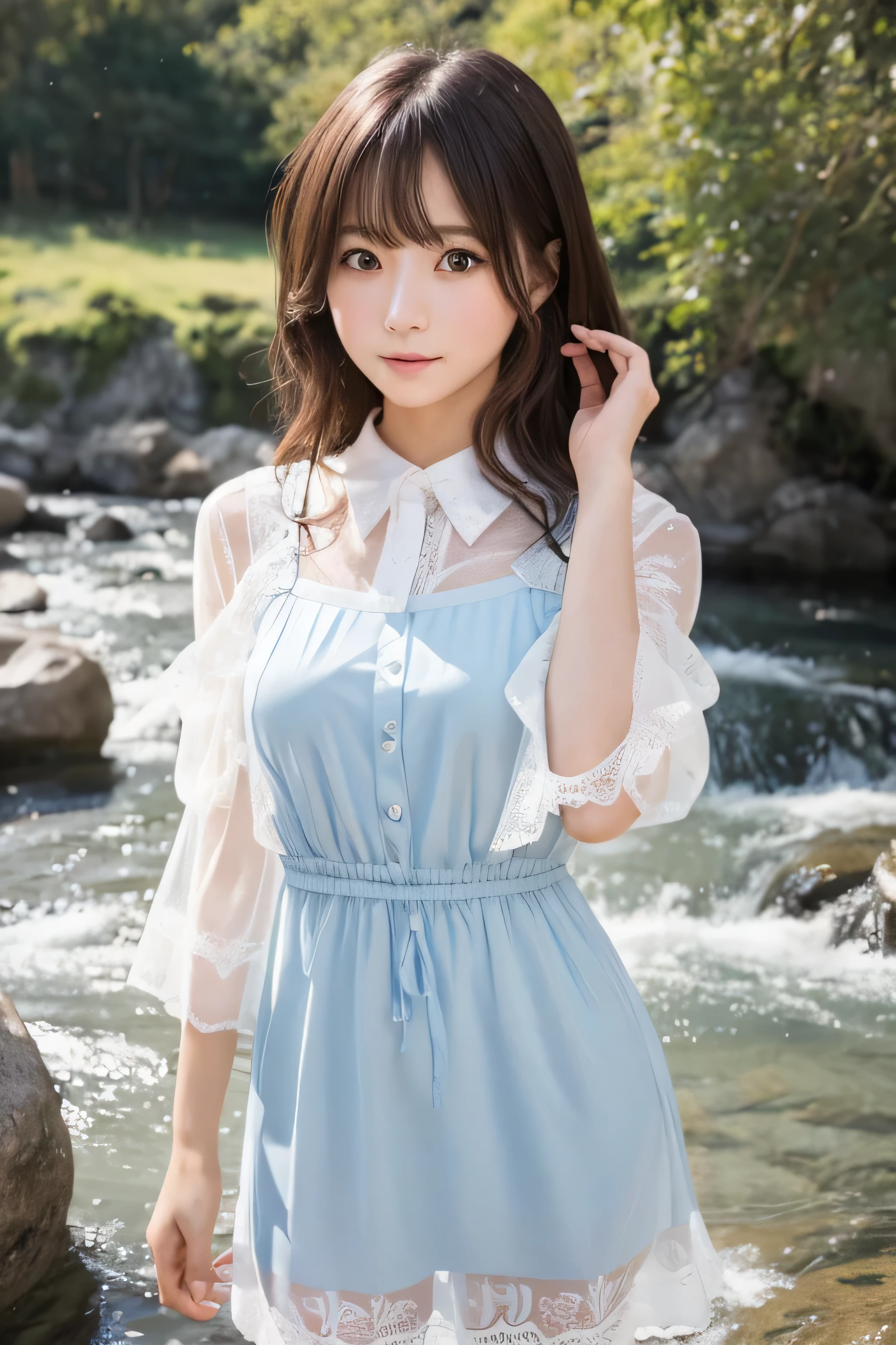 anime girl pose on the stone river, japanese girl, beautiful anime portrait, beautiful anime girl, pretty anime girl, cute anime girl, anime visual of a cute girl, portrait anime girl, digital anime art, cute anime girl portrait, beautiful anime, portrait of cute anime girl, attractive anime girl, beautiful anime woman, cute natural anime face, young anime girl, f 1.8 takumar lens, transparent lace outfits, sheer lace outfits, white lace dress, She pulls at the hem of her own sheer dress, revealing the prim white collared sheer shirt and sheer light blue pinafore, short sheer dress, realistic eyes