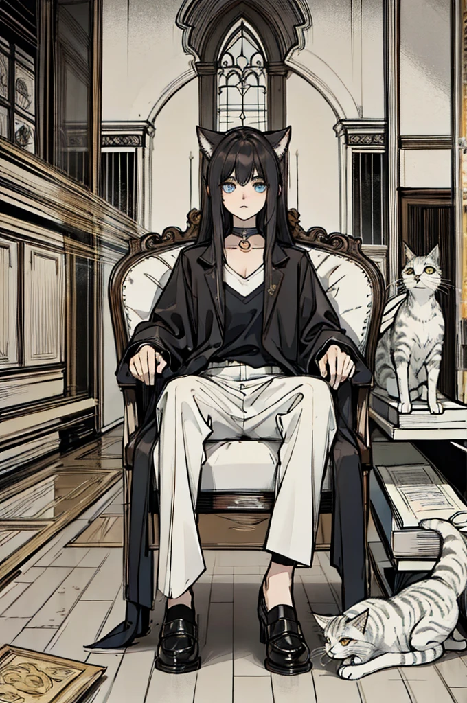 middle length hair, cat eyes,