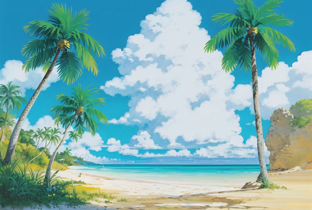 (((Highest quality))), High color saturation, clear, reasonable structure, Manga style, architecture, Beach, boat, Hut, Palm tree, sand, Ocean, Oceangull, null, sunny day, Fantasy, no_human, Outdoor, landscape, Genuine, beautiful and amazing landscape oil painting Ghibli Studio Miyazaki’s Tropical Island with blue Ocean and null, Tropical Island, Coconut --v6