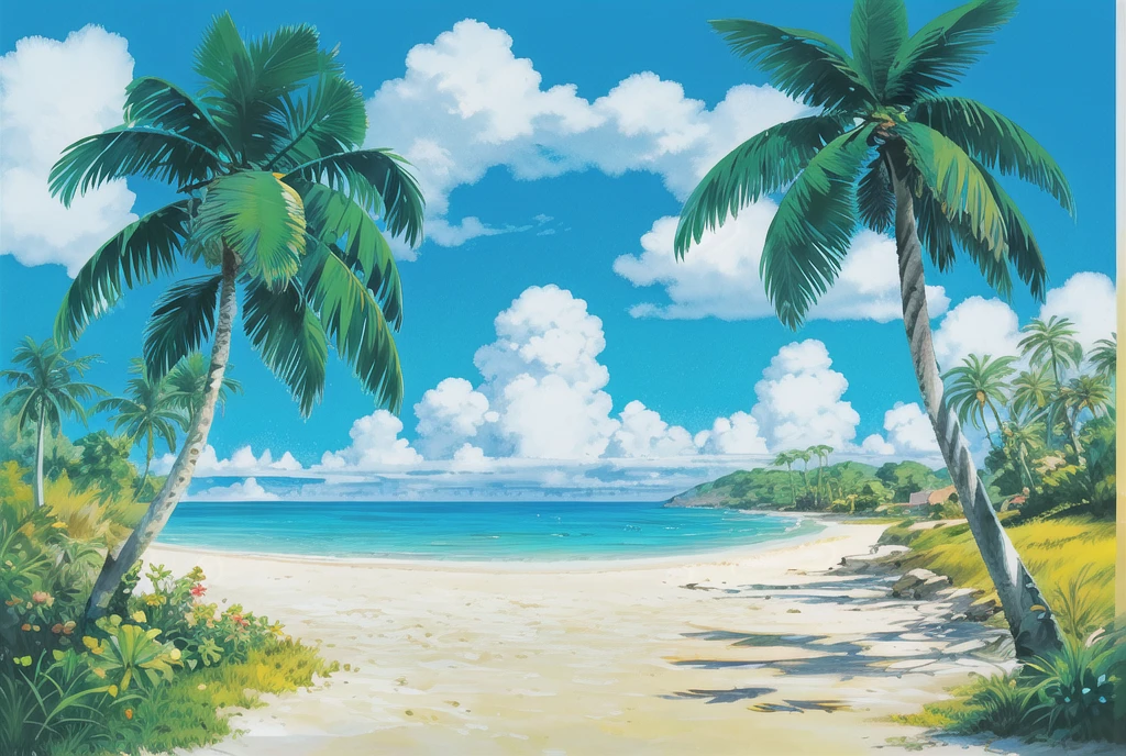 (((Highest quality))), High color saturation, clear, reasonable structure, Manga style, architecture, Beach, boat, Hut, Palm tree, sand, Ocean, Oceangull, null, sunny day, Fantasy, no_human, Outdoor, landscape, Genuine, beautiful and amazing landscape oil painting Ghibli Studio Miyazaki’s Tropical Island with blue Ocean and null, Tropical Island, Coconut --v6