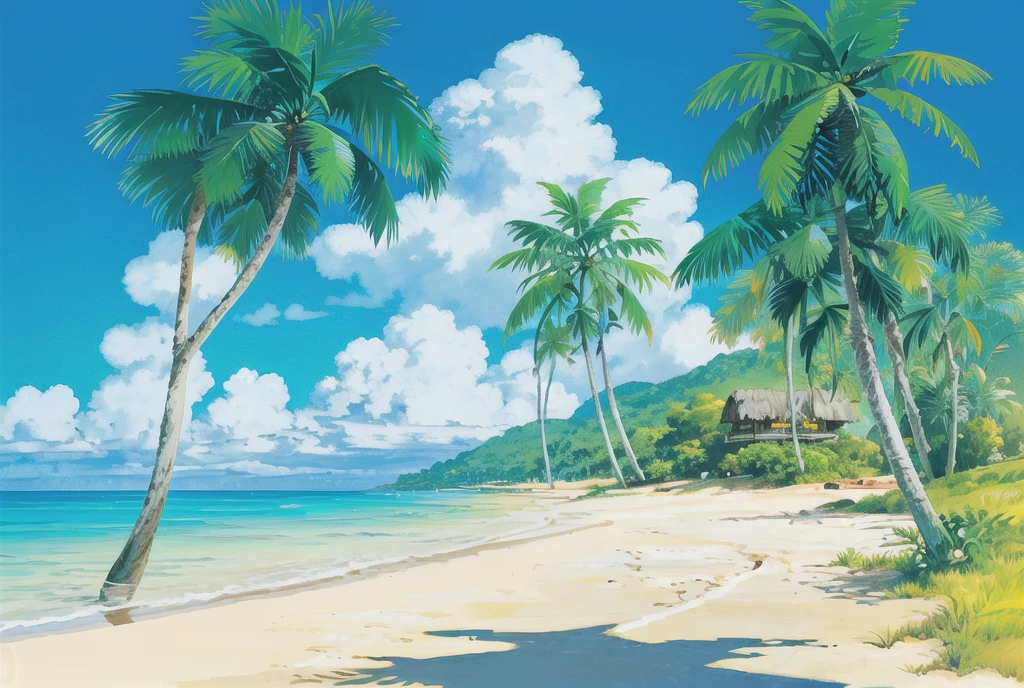 (((Highest quality))), High color saturation, clear, reasonable structure, Manga style, architecture, Beach, boat, Hut, Palm tree, sand, Ocean, Oceangull, null, sunny day, Fantasy, no_human, Outdoor, landscape, Genuine, beautiful and amazing landscape oil painting Ghibli Studio Miyazaki’s Tropical Island with blue Ocean and null, Tropical Island, Coconut --v6